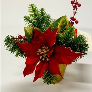 Red Poinsettia & Gold Pail Tabletop Decor